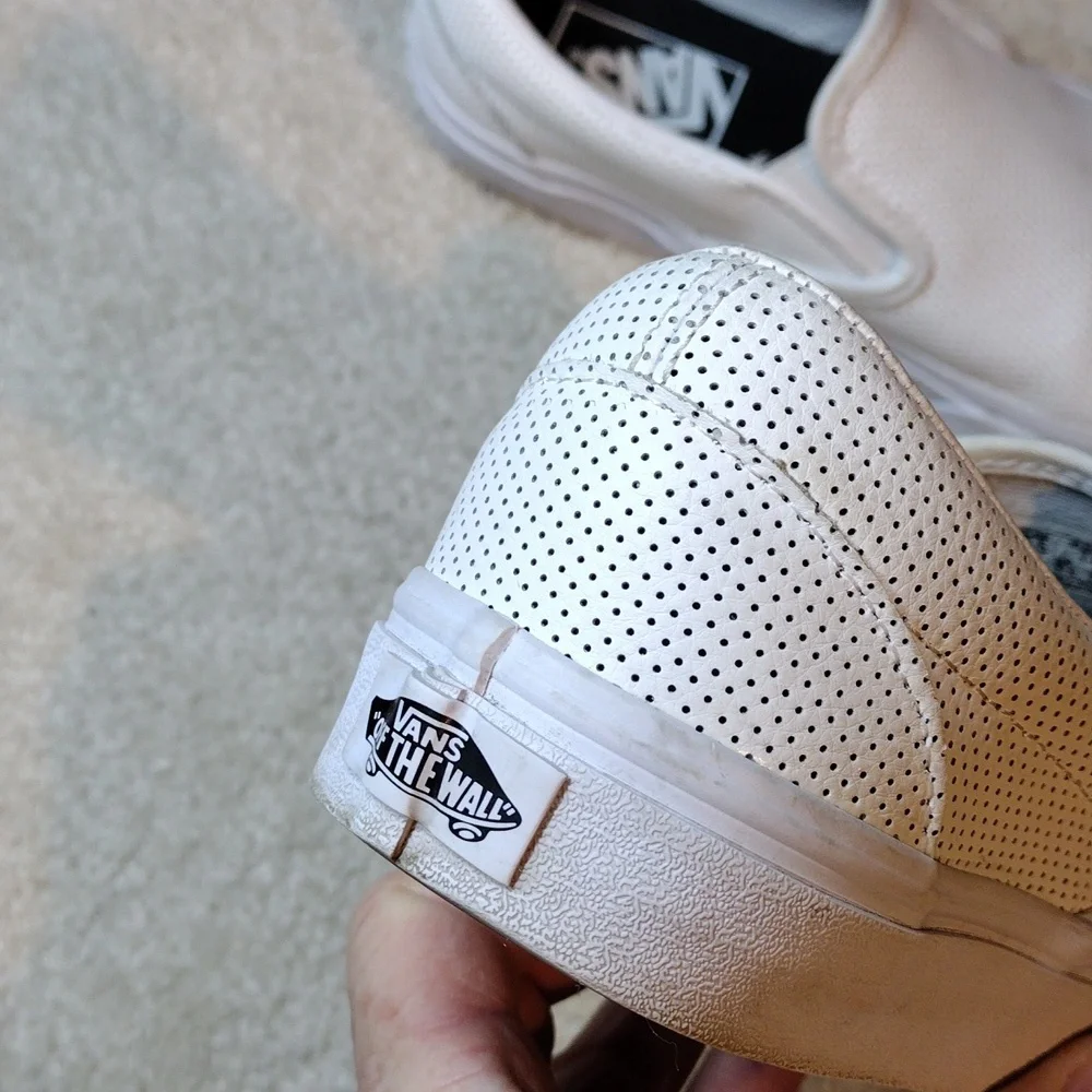 Vans men's white perforated leather slip on loafers. Size 5.5